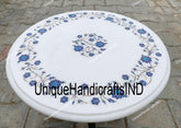 Unique White Marble Table Top / Lapis Lazuli Pietra Dura Inlay Floral Stones Arts Round Coffee Table Unique Living Room Decor Piece Unique Handicrafts IND